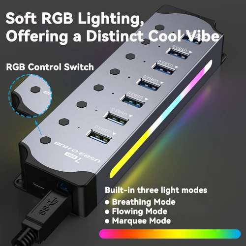 Imagen 2 del producto HUB USB 3,0 RGB de alta velocidad, 7 puertos, interruptor Individual 3,0, adaptador multipuerto USB A, divisor, concentrador USB de aluminio para ordenador y portátil