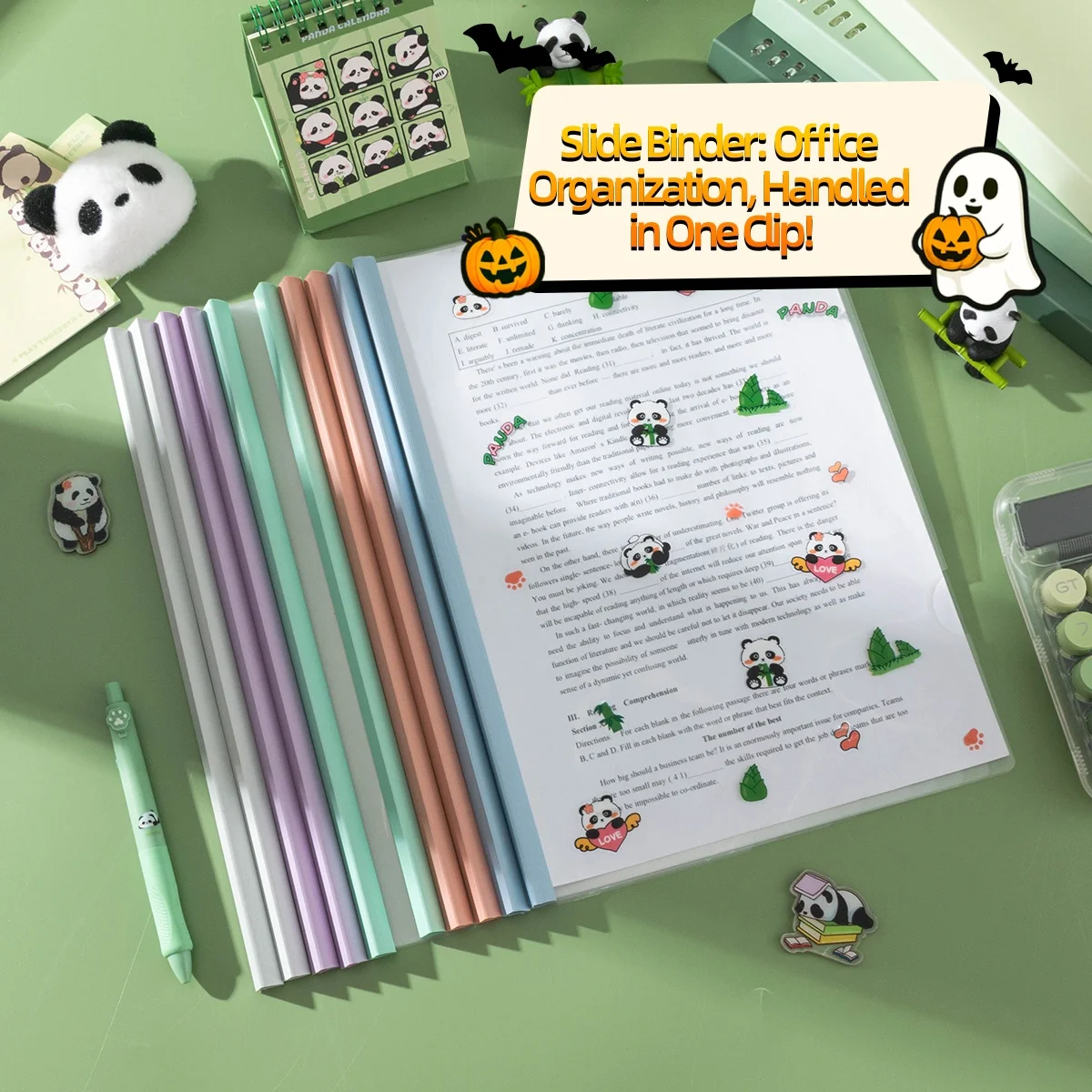 

[Free Panda Stickers] Morandi Lever Clip A4 Triangular Transparent File Folder Large Capacity Test Paper Storage Folder Document Folder