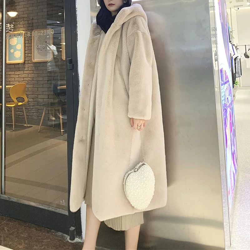 Autumn Winter Maxi Coat Long Warm Luxury Belt Fur Parkas Bontjas Furry Outerwear Thick Faux Fur Jacket Women Hooded Colorblock