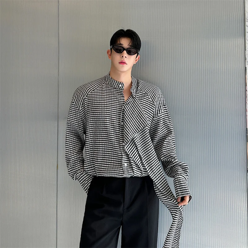 

Мужская свободная рубашка в клетку из хлопка и льна на резинке, повседневная, весна-осень, трендовая, молодежная, на все сезоны