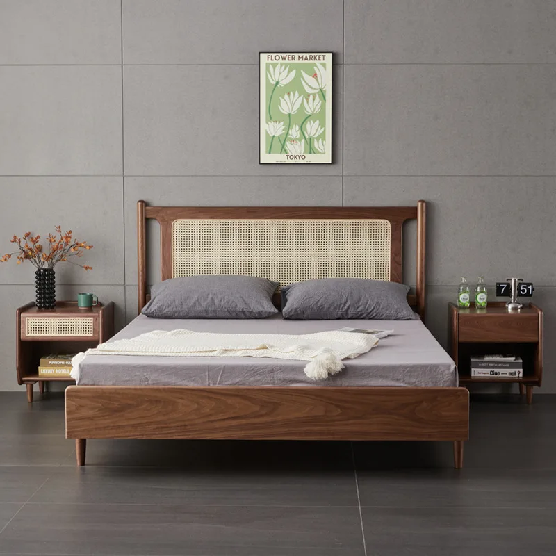 

Solid wood queen bed black walnut rattan bed 1.8 meters retro master bedroom double bed