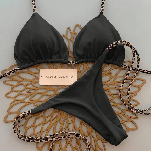 Women's Sexy Solid Halter Bikini Set Lace-Up Low Waist Two-Piece Triangle Thong Swimwear Leopard Tie On Side Brazilian Biquinis