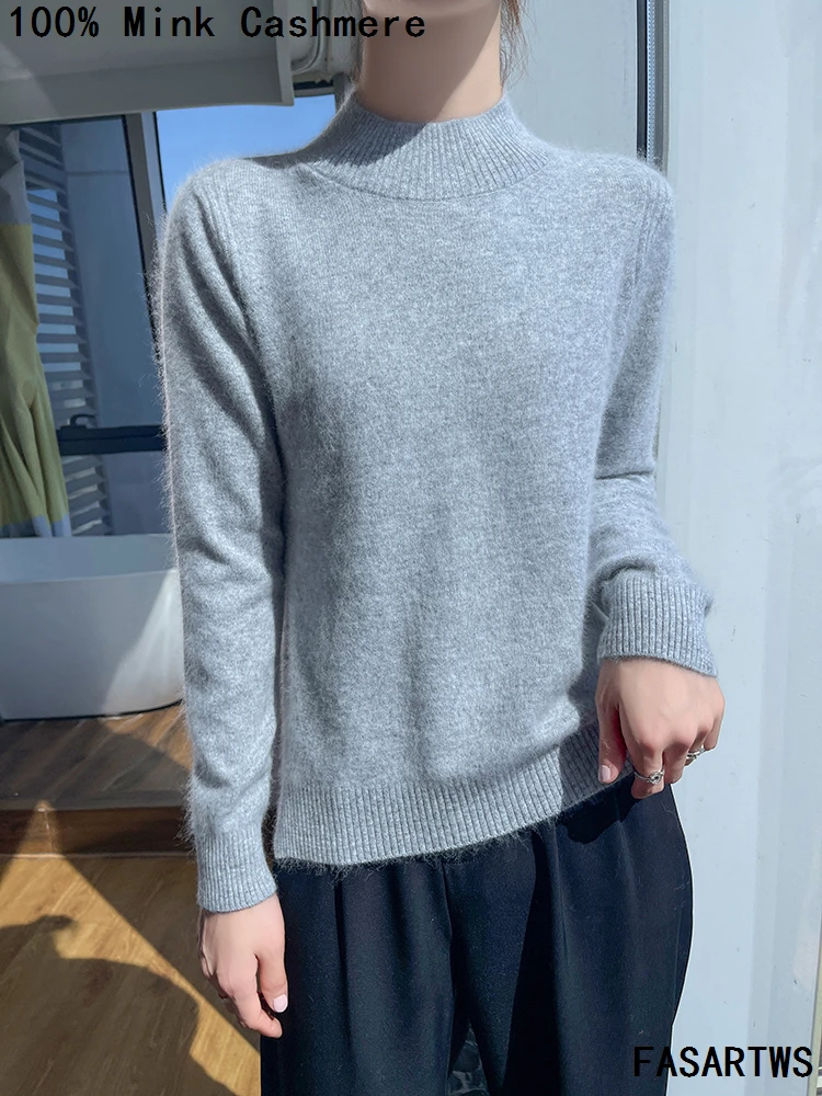 النساء 100% المنك سترة الكشمير المعنقة نصف الياقة العالية البلوز كم طويل حجم كبير تريكو الخريف الشتاء الملابس النسائية الموضة