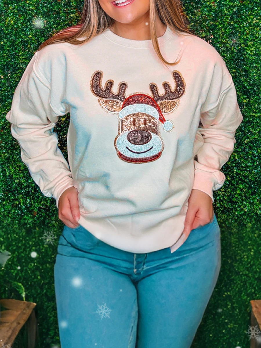 Latest Women'S Christmas Loose Fitting Pullover Sweater With Snowflake/Letter Embroidery Long Sleeved Round Neck Sweatshirt