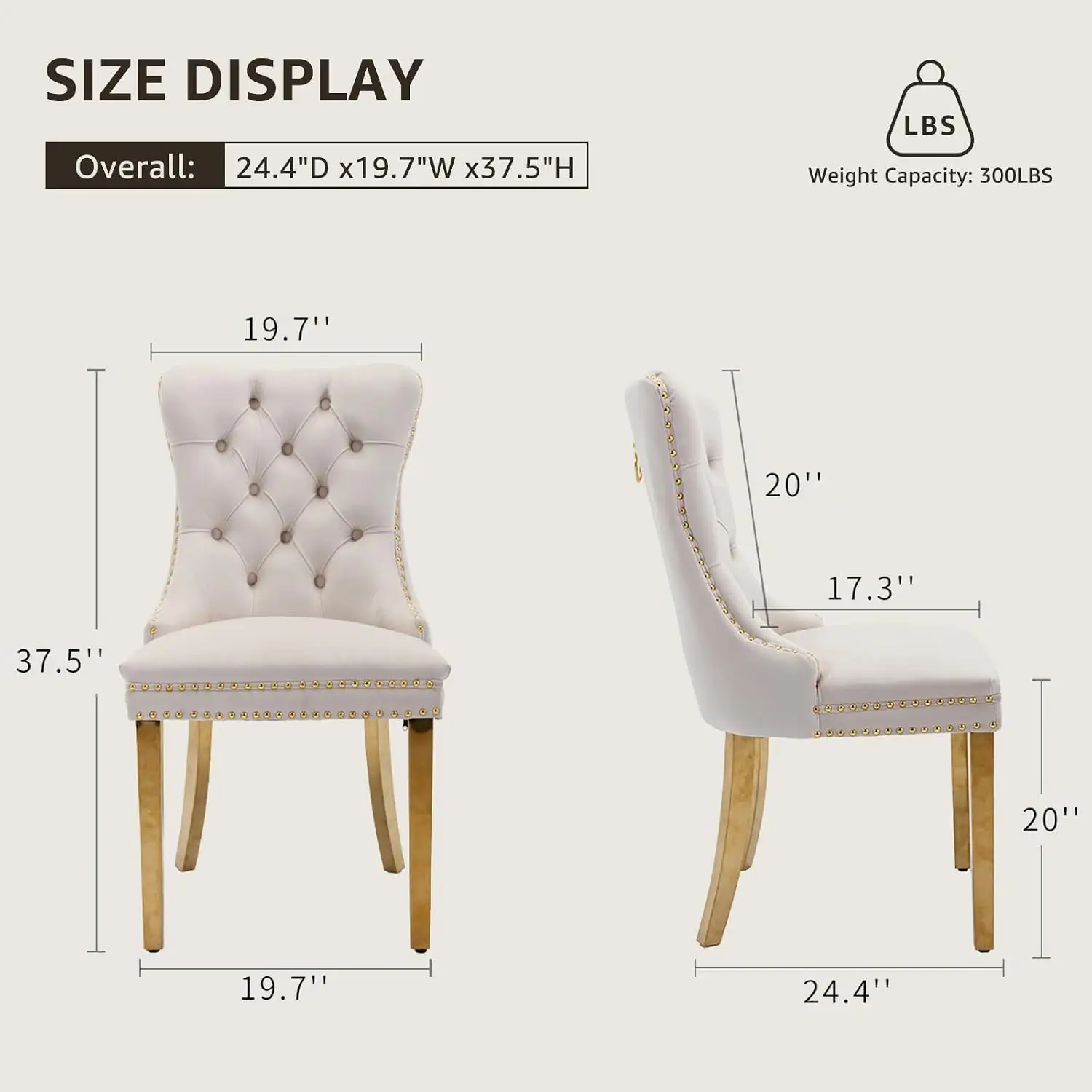 Beige Velvet Dining Chairs Set 6, Tufted Wingback Gold Metal Legs, Kitchen Room Padded Seat Nailhead Trim Ring Pull, Customized