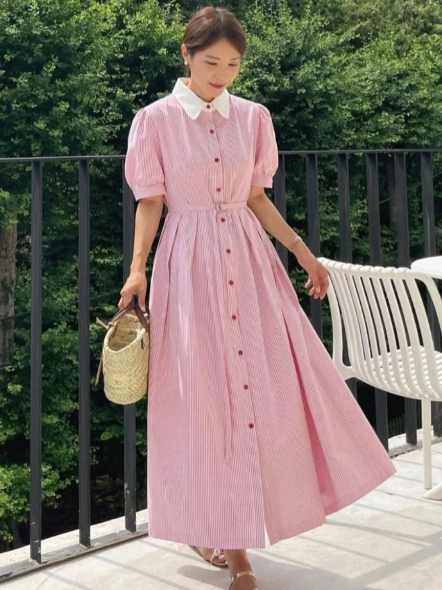 Elegant Retro Striped Waist-Cinching Dress Women's Short Sleeve Single Button Long Dress Slimming Belted Commute Style Autumn...