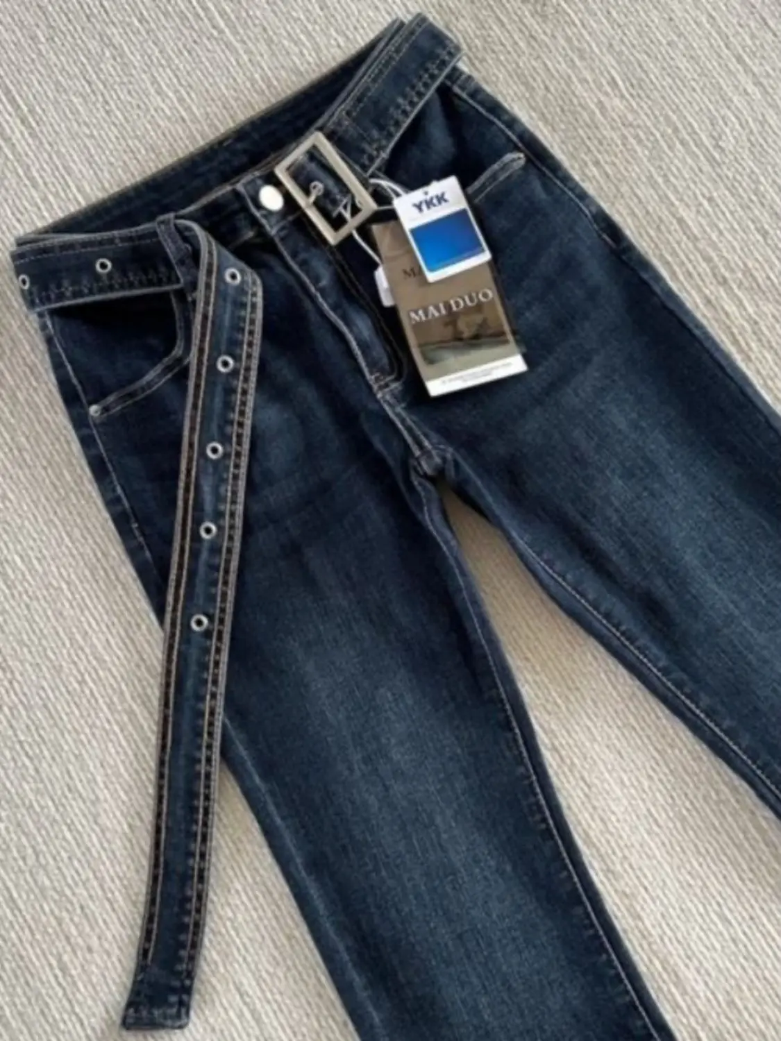 

Dark Blue Flared Jeans Women's Winter Fleece-Lined Low Waist Stretch Slim Fit Bootcut Pants