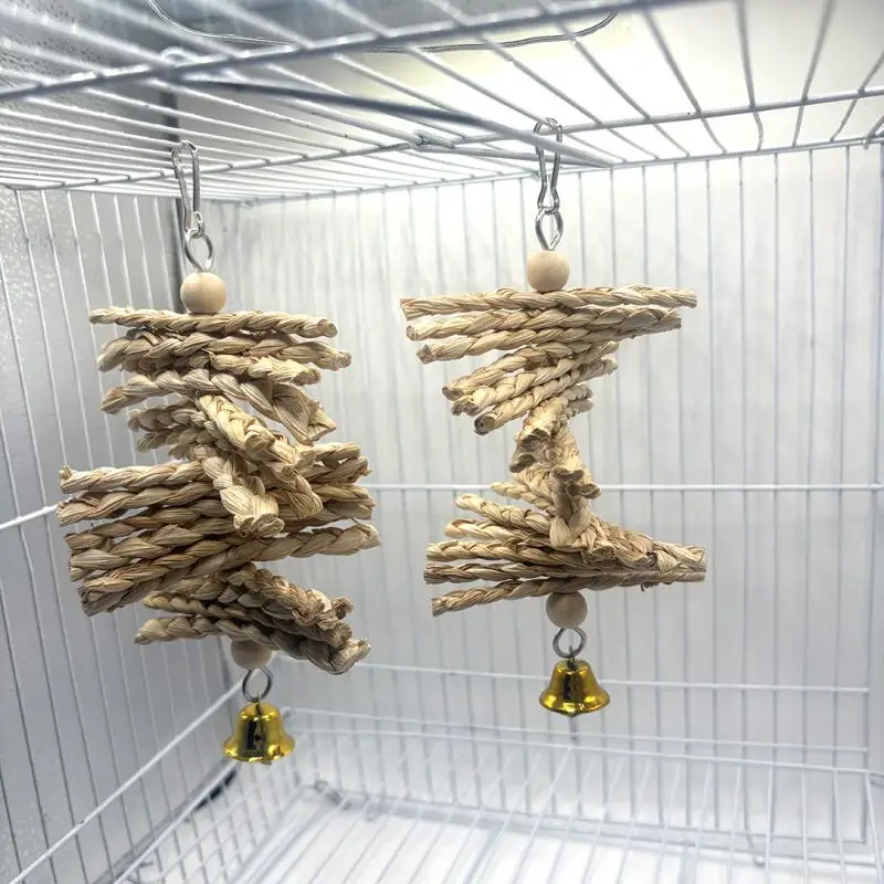 Parrot Chew Toys Durable Corn Husk Braided Teething Bell String for Budgie Parrot Cage Interactive Entertainment Use