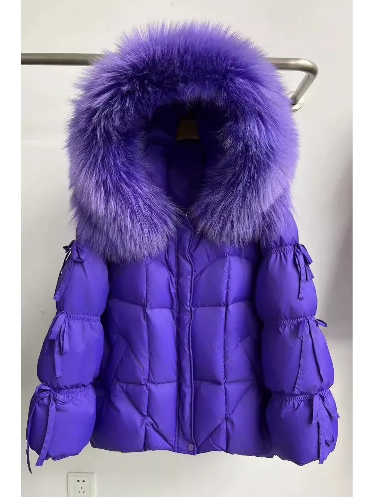 Down Jacket New Winter Large Real Fur Hooded Puffer Jacket Women Thick Warm Knitted Sleeve Coat White Goose Down Mid Long Parka