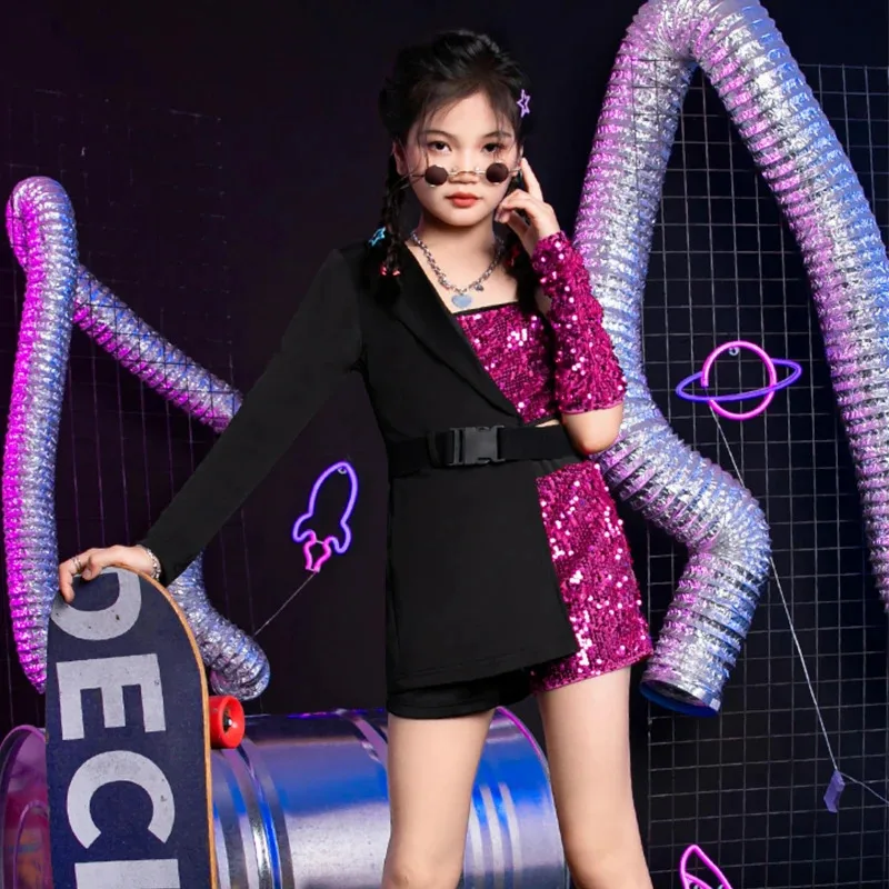 3 ألوان واحدة كم الترتر دعوى الأطفال الهيب هوب ملابس الفتيات أزياء رقص الجاز الاطفال Kpop الزي المرحلة ارتداء XS7842