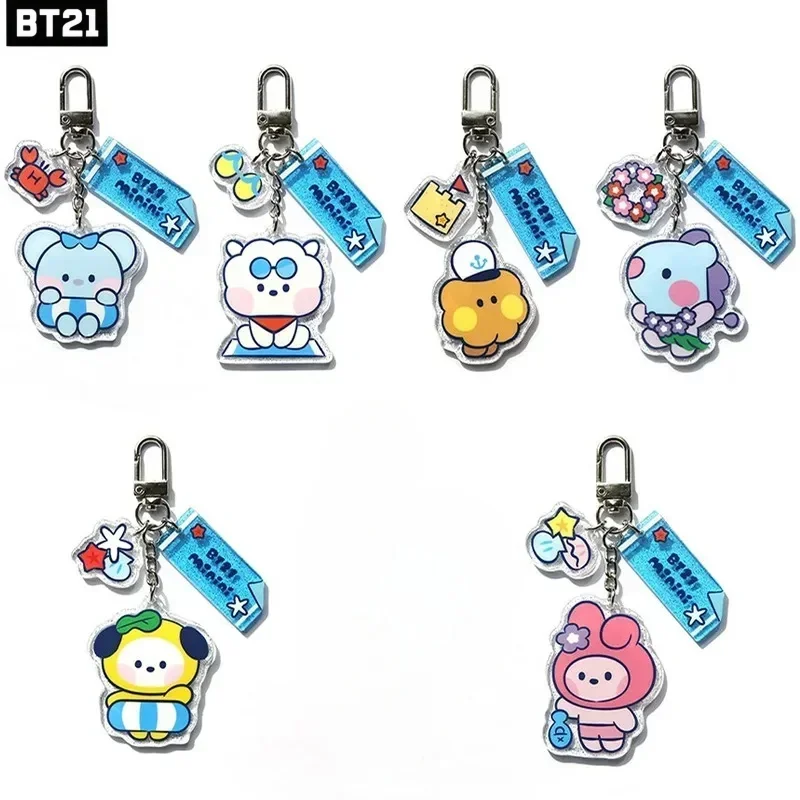 Kawaii BT21 جديد سلسلة مفاتيح مصنوعة من الأكريليك الصيف تحت عنوان أنيمي الكرتون لطيف سيارة كيرينغ ظهره قلادة الأصدقاء المشجعين الهدايا