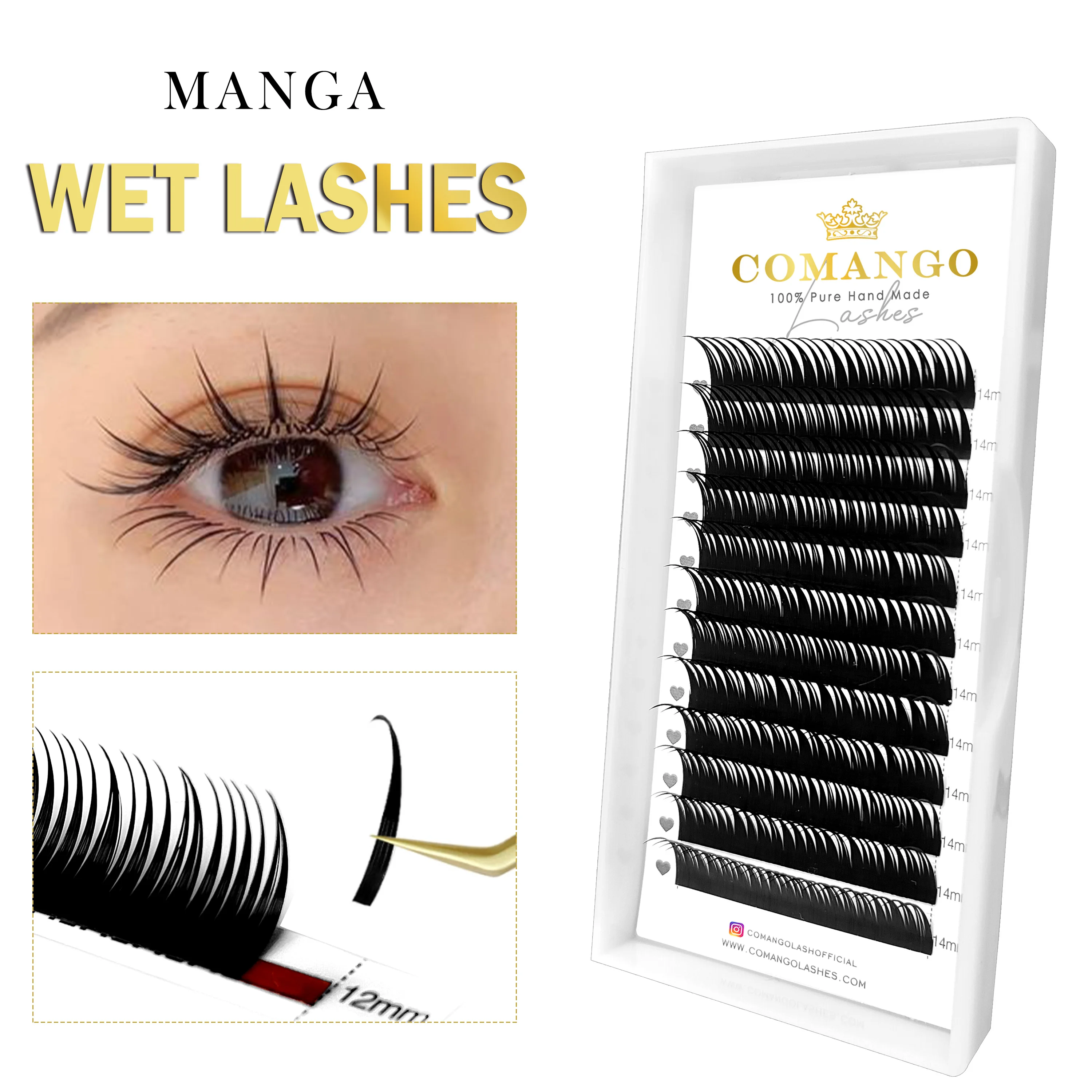 CoMango 12 rangées de cils manga humides cosplay cils du diable maquillage coréen C / D / M / L curl spikes cluster préfabriqués fausses extensions de cils