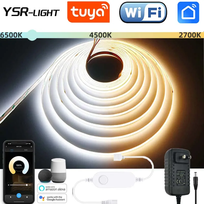 yZ[zTuya WiFi COB CCT LED Xgbv DC24V 608LED/M 2700K-6500K \ȃe[v 1-5M tLbg APP/X}[gVO Alexa Google p