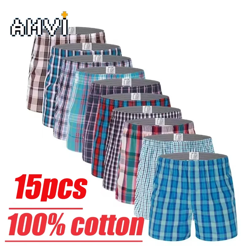 15 Stück Herren-Slips, Boxershorts aus 100 % Baumwolle, weiche karierte Boxershorts, bequeme und atmungsaktive sexy Herren-Boxershorts