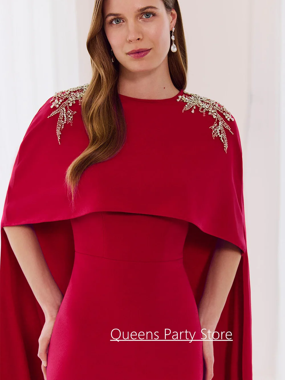 New Mother of The Bride Dress with Cape Customized Round Neck Sleeveless Beading Stones Sweep Train Mermaid Evening Gown