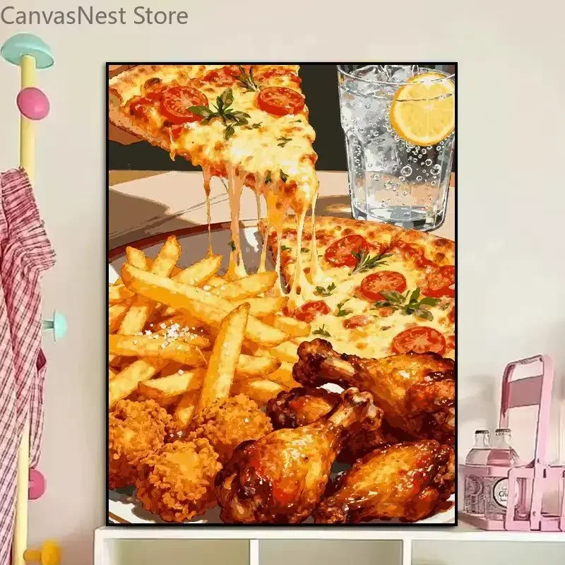 Pizza Fried Chicken Canvas Wall Art Set French Fries Lemon Drink Delicious Western Food Print Painting for Teen Bedroom Dorm
