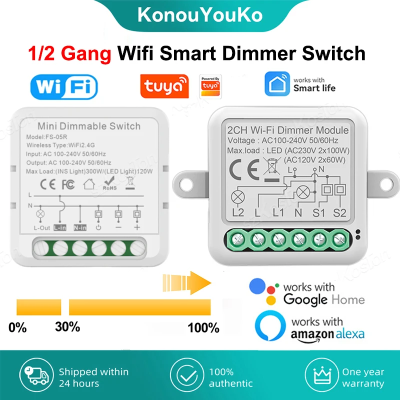 1 2 Gang Tuya WiFi Smart Dimmer Switch Module LED Lights Brightness Breaker Supports Two Way Control Works with Alexa Google