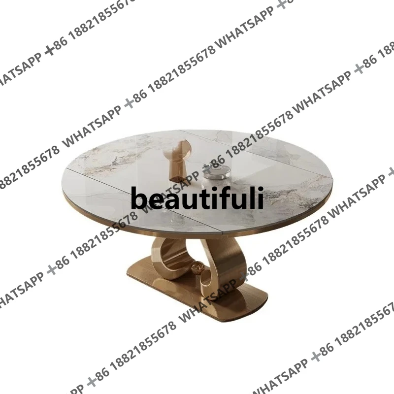 

Italian light luxury round rock slab dining table modern simple high-end retractable square and round round table
