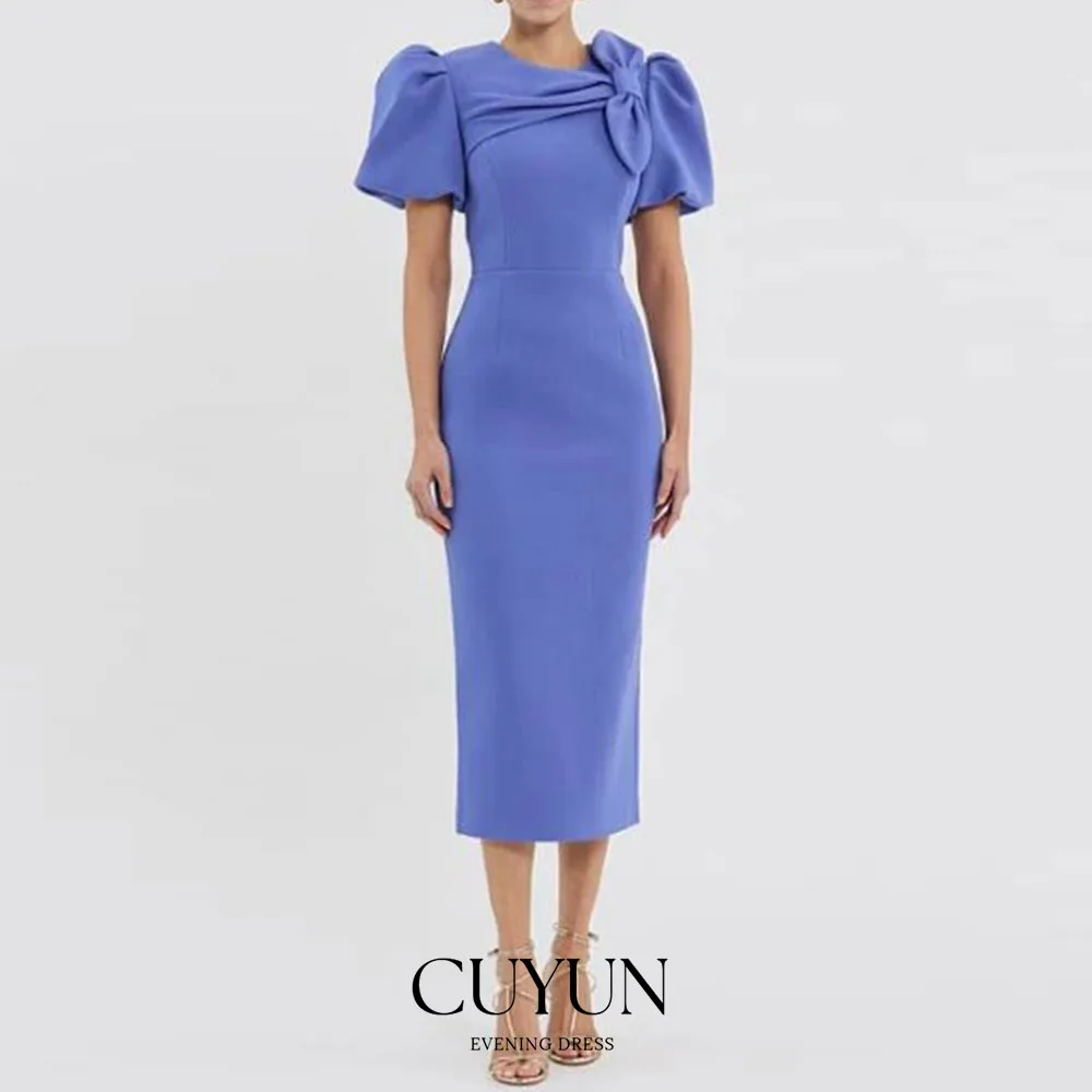 

Индивидуальный пошив вечернего платья CUYUN для свадьбы, фасон «русалка», длина до колен, для торжественных мероприятий, с короткими пышными рукавами, в стиле саудовского платья, с бантом