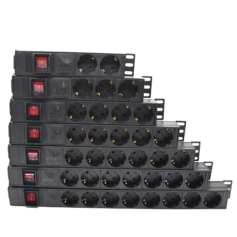 PDU Power Strip Distribution Unit  Surge Protection 2-8 Ways EU German Socket Outlets C14 Input Aluminum Alloy shell