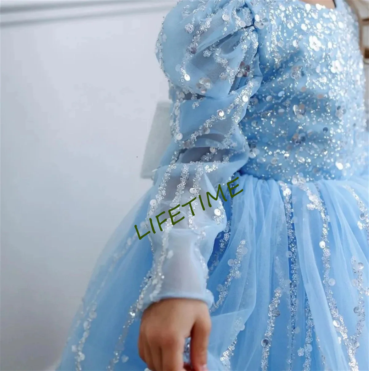 

Flower Girl Dresses Blue Skirt Sparkles Weddings Tulle Appliques Party First Communion Birthday Dress Princess Ball Gown