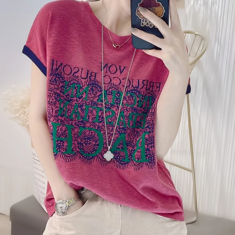 

Summer Embroidered Patchwork Color Blo Letter ort Sve Knitted Sweater Women's Loose Fit Comfortable V-Ne Casual Top