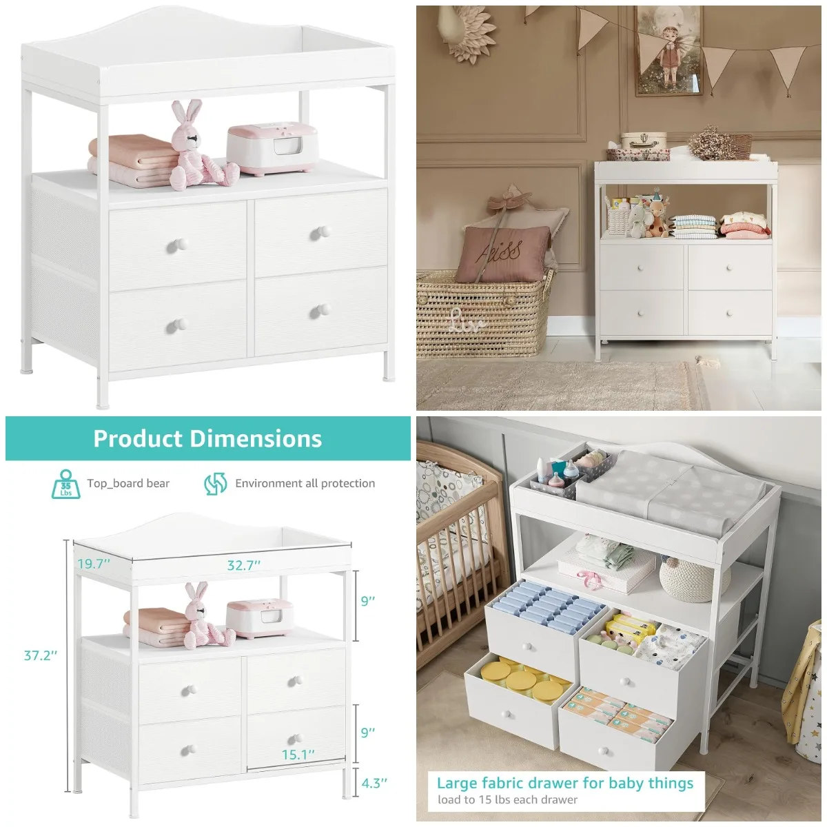 

White Baby Dresser with Changing Table & 4 Fabric Drawers, Nursery Storage Unit