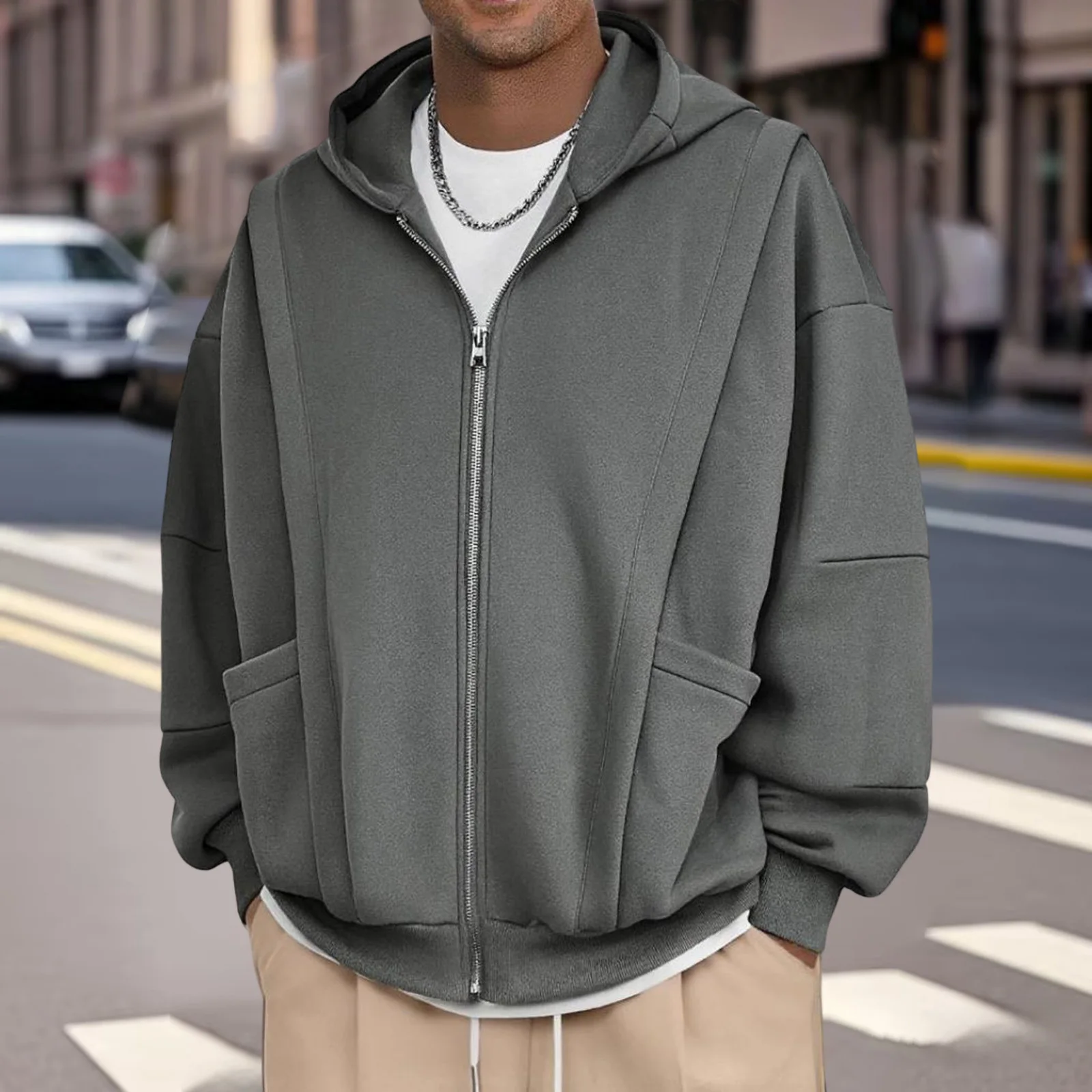 Sweat à capuche zippé pour hommes, Vintage, ample, solide, manches longues, veste à capuche avec poches pour l'hiver et l'automne