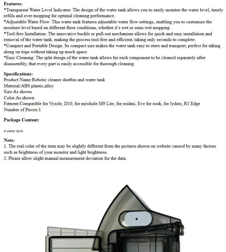 Water Tank For Vyzzle, D10, For Miwhole M9 Lite, For Roidmi, For Lydsto, R1 Edge Robot Vacuum Cleaner Mopping Reservoir