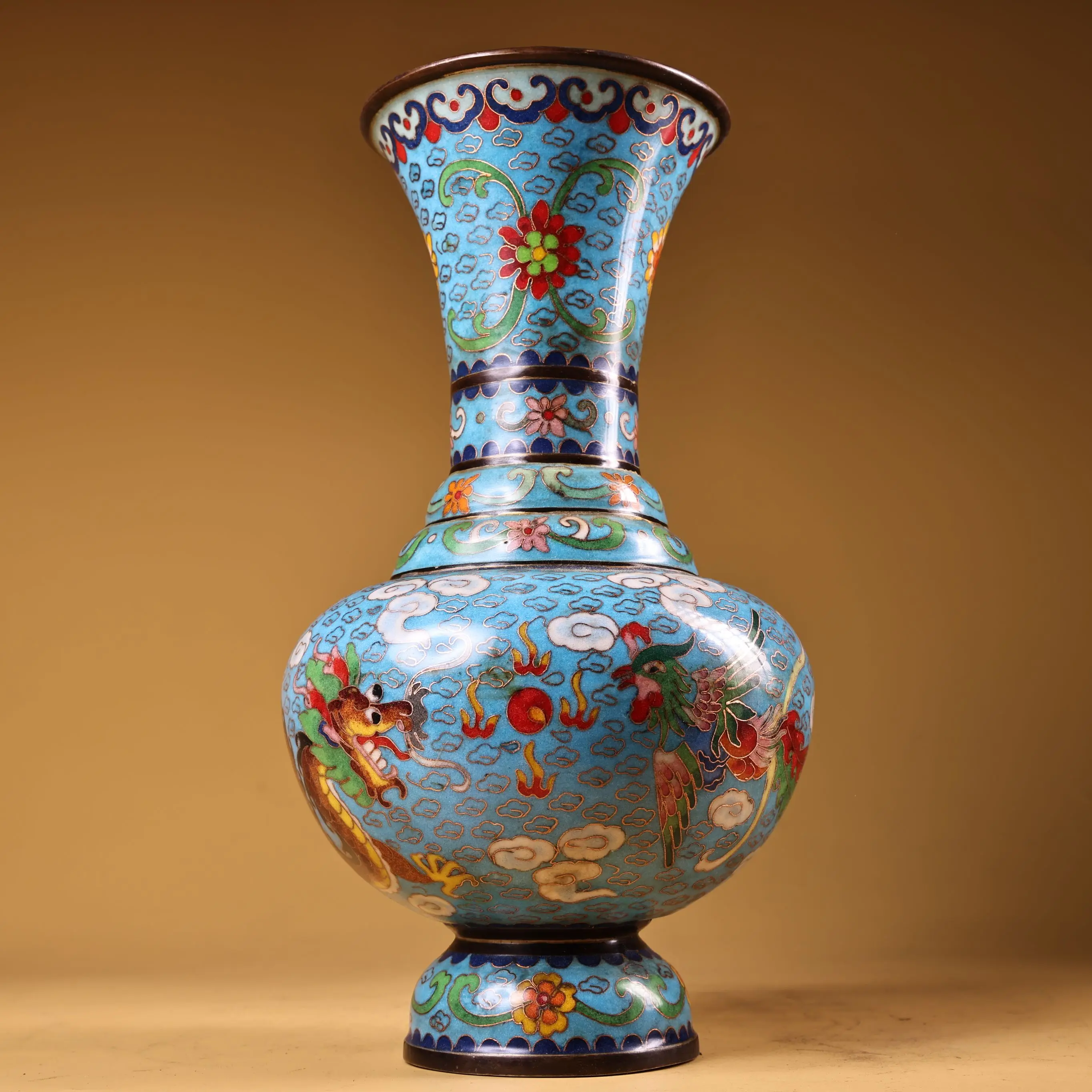 

12"Tibetan Temple Collection Old Bronze Cloisonne Enamel Dragon and Phoenix Pattern Big mouth Bottle Vase Amass wealth Ornaments