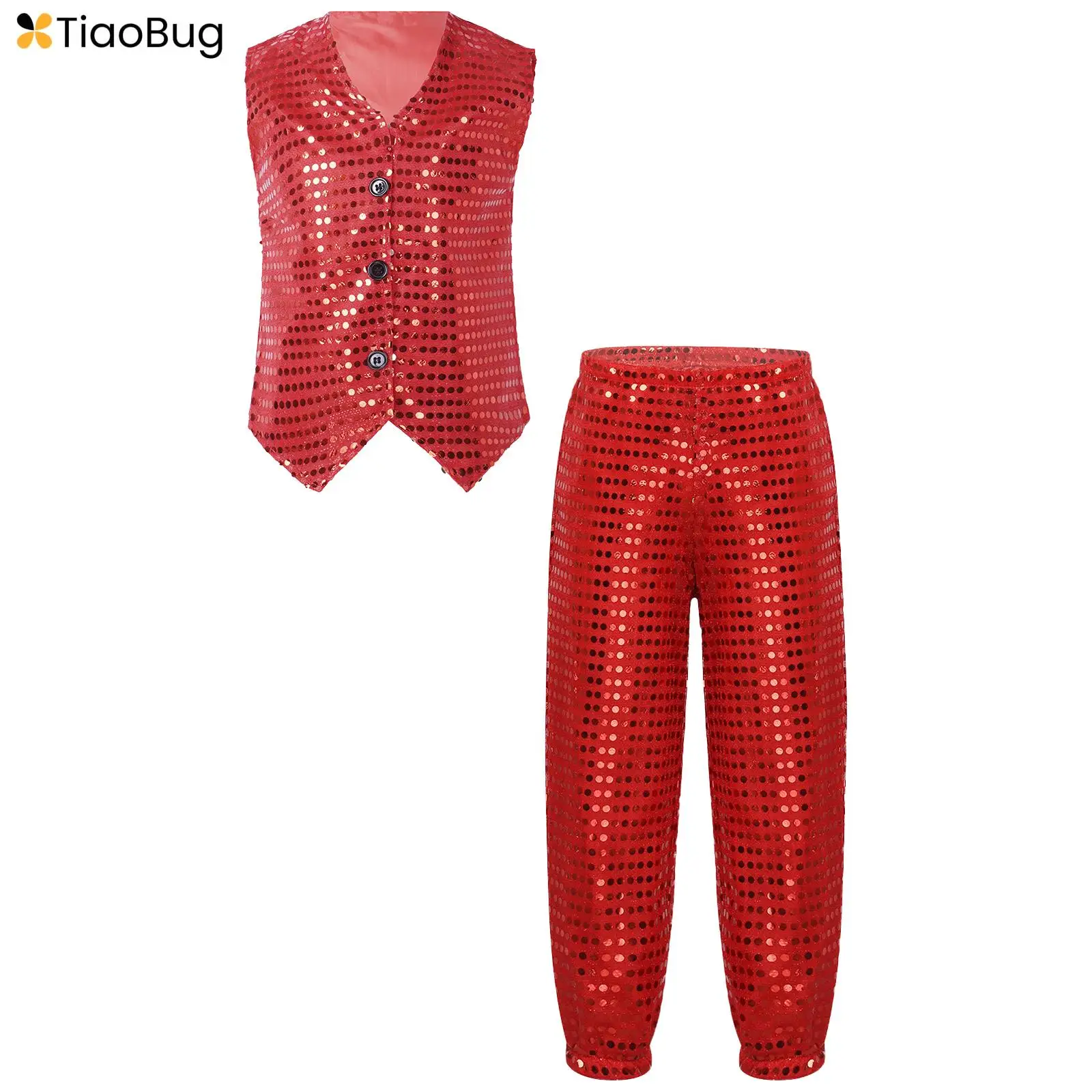 

Kids Boys Girls Shiny Sequins Hip Hop Jazz Modern Street Dance Christmas Costume Stage Performance Jacket Vest Tops Pants Set