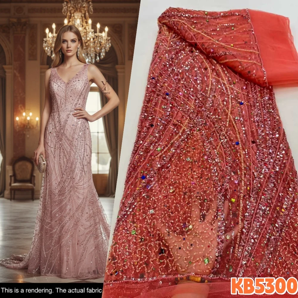 

Африканское кружевное полотно с бисером и стразами 2026: высококачественная нигерийская тюлевая ткань с пайетками для свадебных и праздничных платьев KB5300