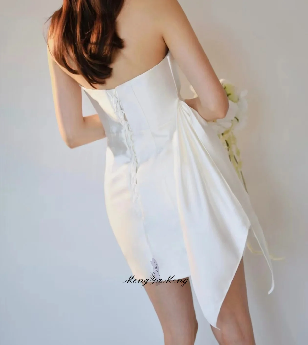 Elegant Wedding Party Short Dress Strapless Pleat Sheath Ivory Satin Korea Photoshoot Formal Occasion Customized웨딩드레스
