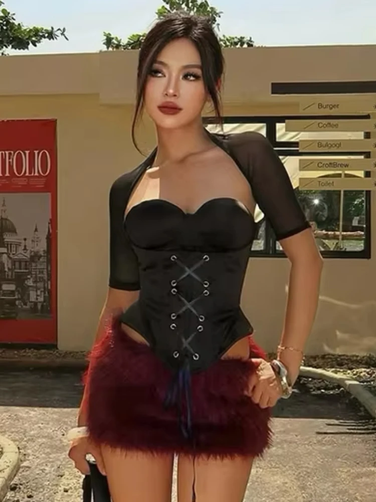 

Whatiwear Wild Vest 2 Piece Set Women Shirring Sleeveless Bandages Tank Top+See Through Jackets Sexy Coquette Midnight Clubwear