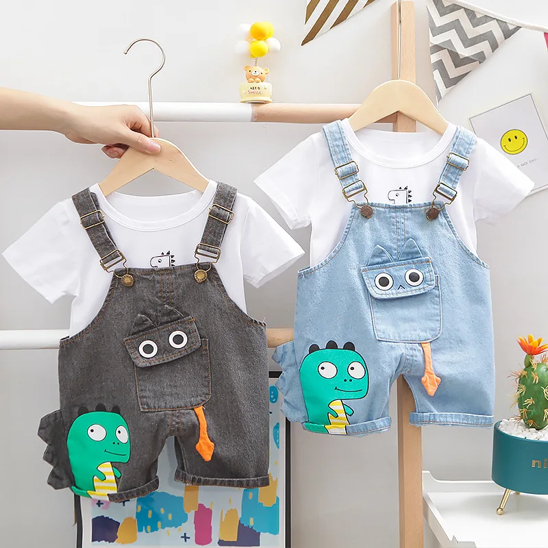 

Summer Children Suits Boy Cartoon Pocket Dinosaur T-shirt Short-sleeve Denim Overalls Baby Kids Two-piece Casual Cotton Clothing