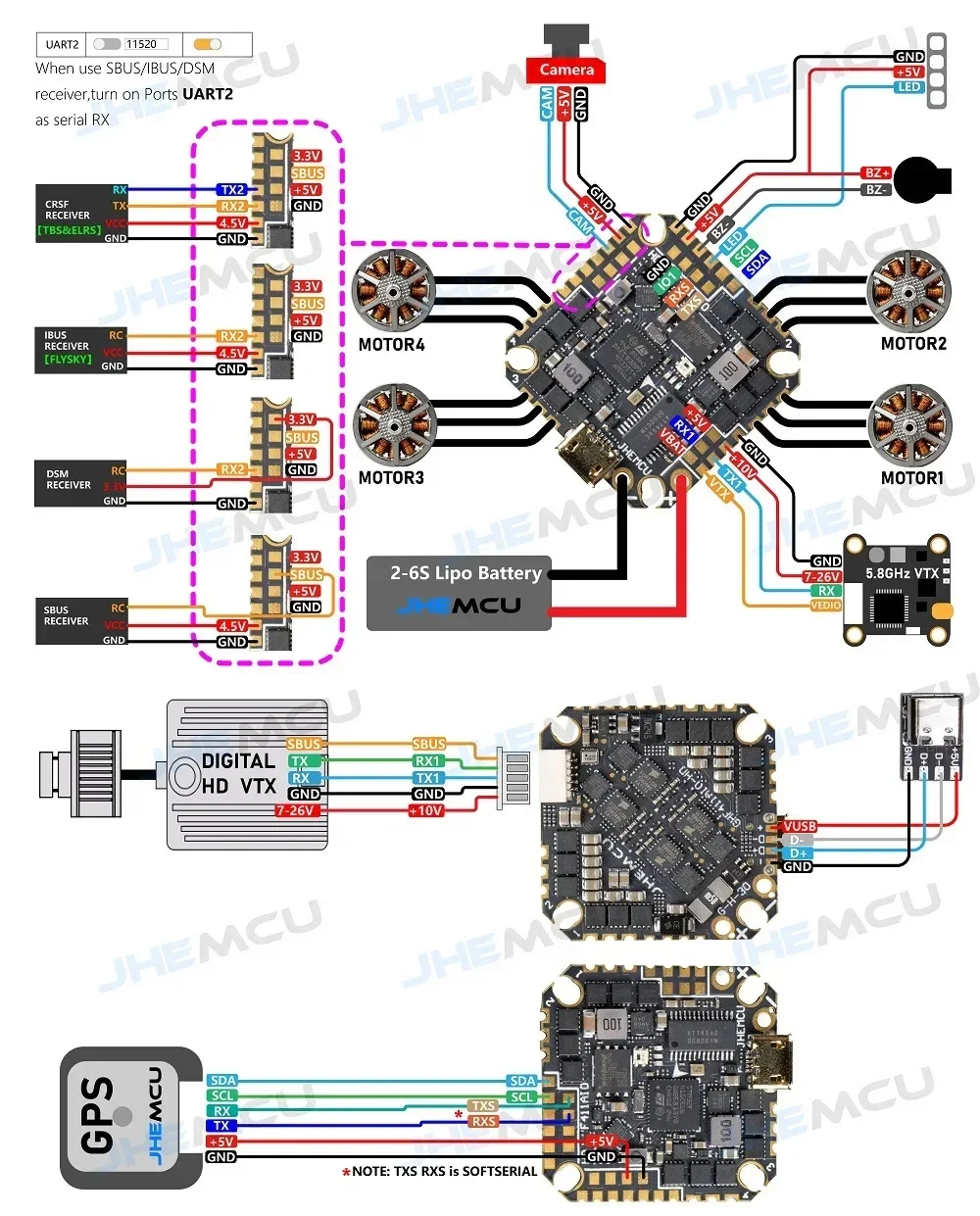 JHEMCU GHF411AIO-HD OSD kontroler lotu BLheli_S 40A 3-6S 4 w1 bezszczotkowy ESC do wykałaczki dron wyścigowy RC FPV