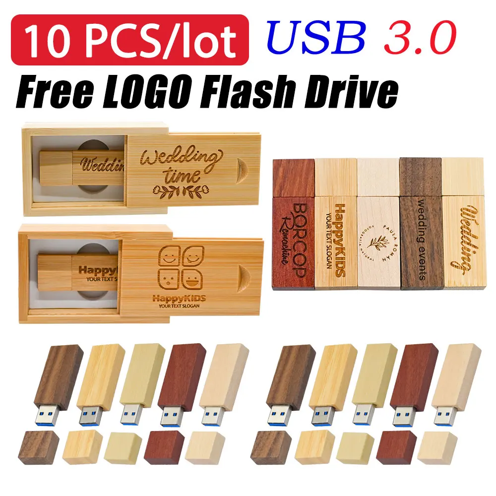10pcs/Lot (Free LOGO) USB Flash Drive Wooden with Box Pendrive 3.0 4GB 8GB 16GB 32GB 64GB 128GB Memory Stick Wedding Gift