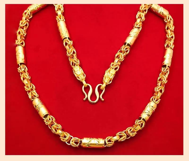 9999 Gold Dragon Head Necklace with Dragon Pattern Carving, Hollow Design, 10mm Dragon Bone Chain for Men, Retro and Powerful