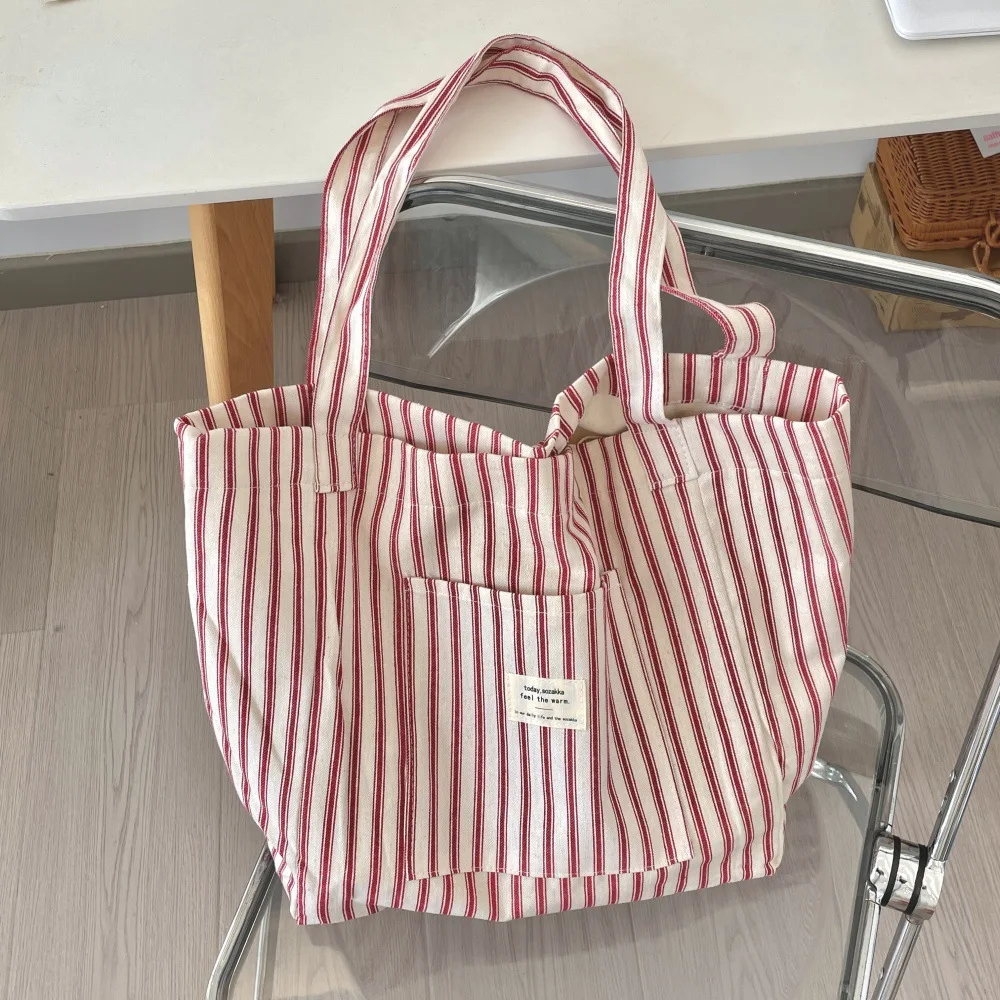 Vintage Gestreifte Damen Umhängetaschen Große Kapazität Weibliche Wiederverwendbare Einkaufstasche Leinwand Schule Mädchen Buch Tote Handtaschen – Detail 5