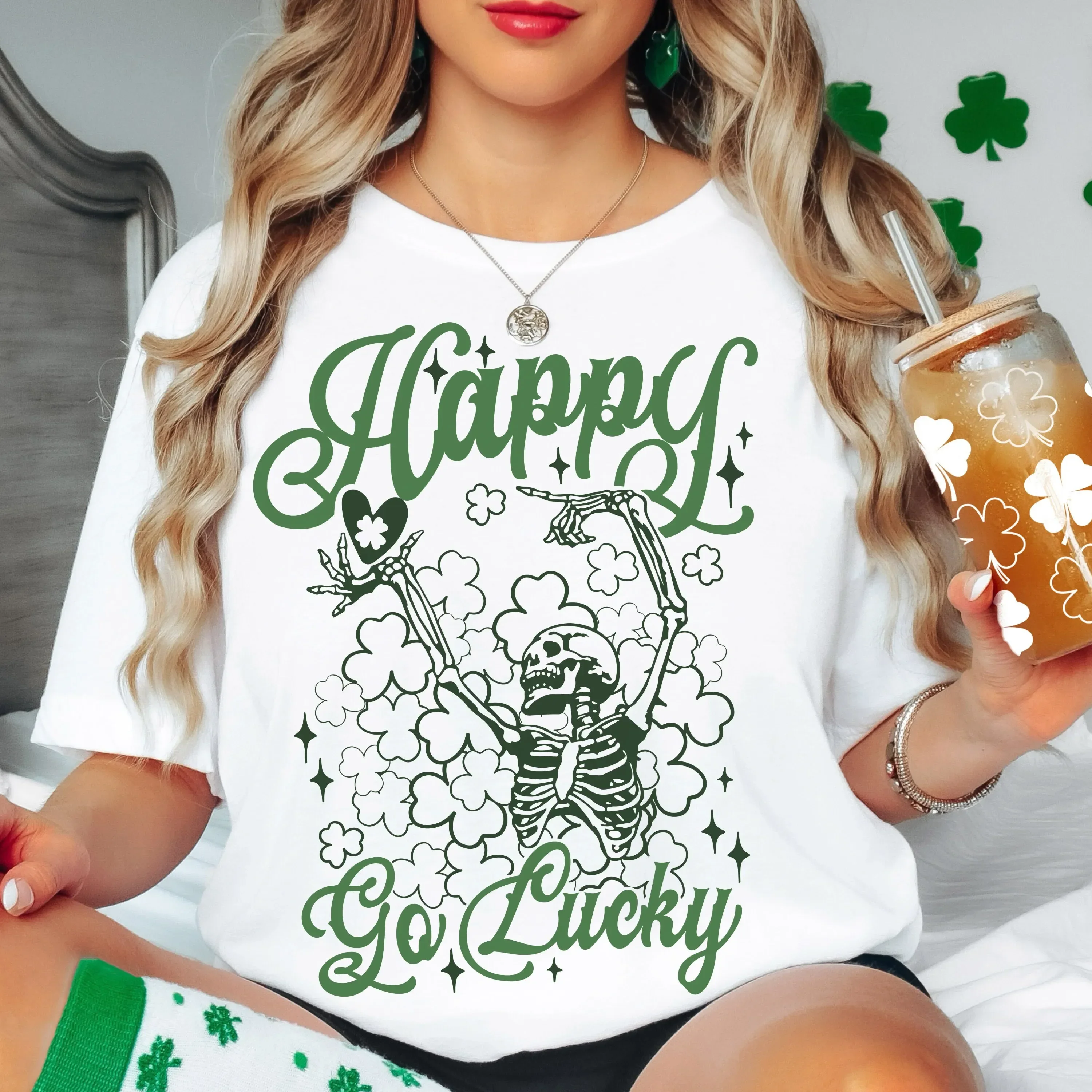 Saint Patrick s Day Skeleton T Shirt  Happy Go Lucky Shamrocks Clover Irish Pride Retro Vibes Green Whimsical