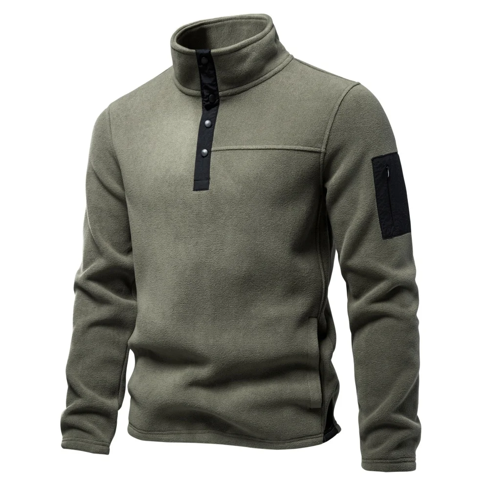 AIOPESON Herren Fleece-Sweatshirt mit mehreren Taschen, Stehkragen, Druckknöpfen, einfarbig, lässiger Outdoor-Pullover, warm für Herbst und Winter. – Detail 5