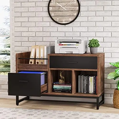 Rustic Brown 39 inch File Cabinet with 2 Drawers, Lateral Filing Cabinets, Printer Stand with Open Storage Shelves and