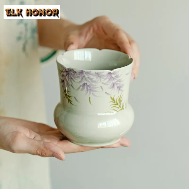 470ml Zen Sunflower Mouth Tea Washing Hand-painted Wisteria Flower Jian Shui Boutique Ceramic Washing Cup Bowl Chaxi Ornaments