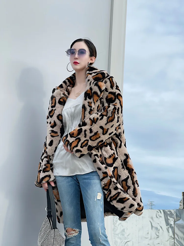 FURSHEHE 2024 Winter Women Natural Rabbit Fur Coat Female Warm Jacket Leopard Pattern Turn-down Collar Long Fashion Overcoat