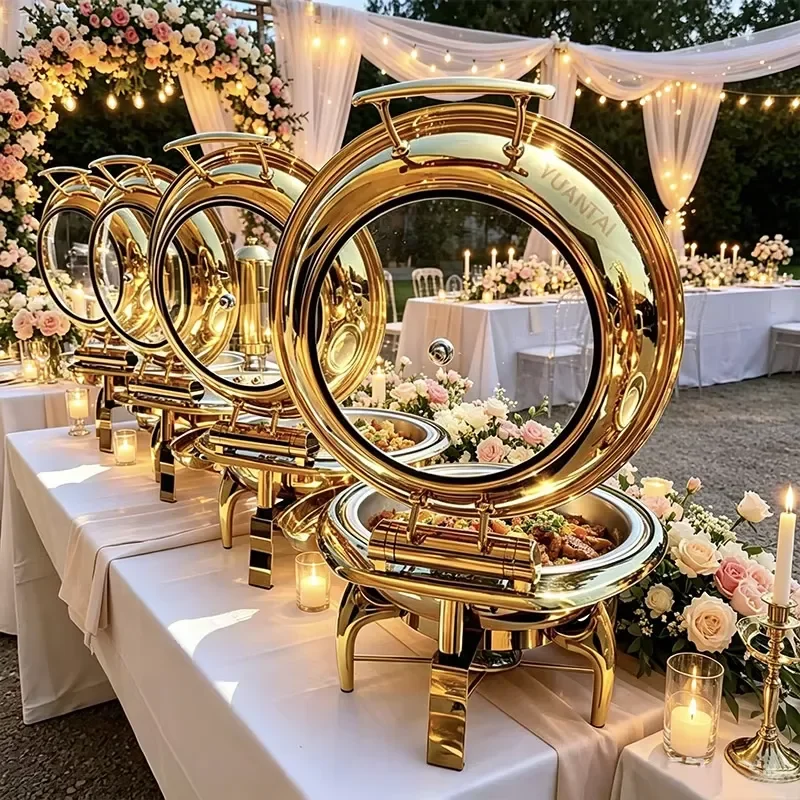 Round Gold Stainless Steel Buffet Stove Chafing Dish Dome Soup Food Warmer Set With Glass Cover