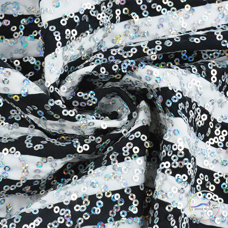 Black White Sequins 3mm  Fabrics Shiny 4ways Stretch Knit Embroidery Dance Dress Sparkly Fabric for DIY Dress Clothes Wide130cm
