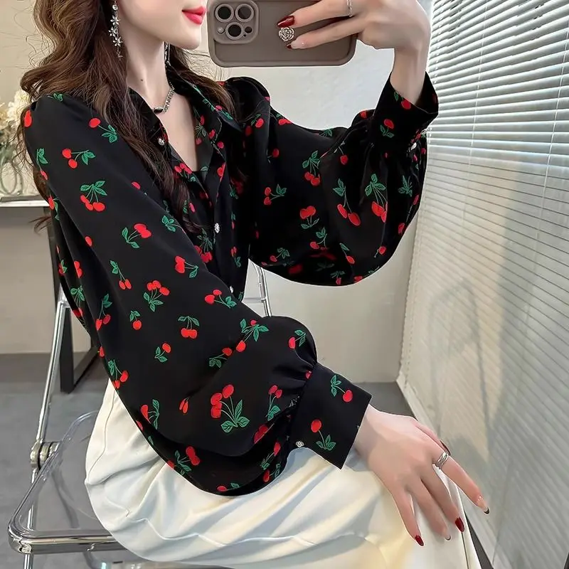 Women\'s Vintage Print Lantern Long Sleeve Button Up Shirt Office Lady Commute Elegant Chic Blouse Spring Autumn Lapel Loose Tops