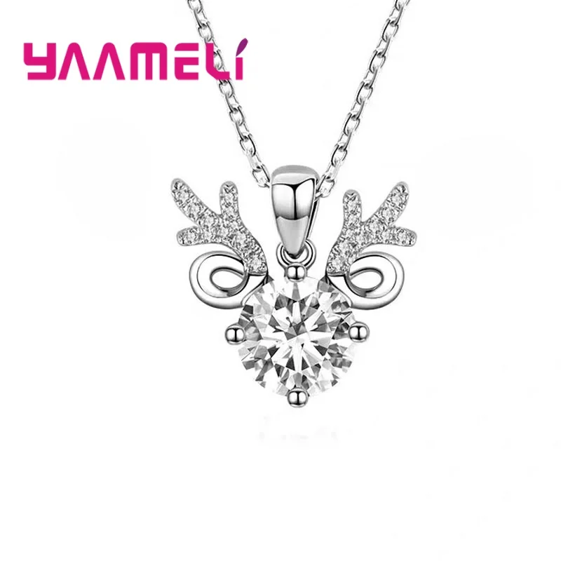 Popuar Christmas Day New Year Gift Jewelry Sparkling Rhinestone 925 Sterling Silver Deer Pendant with Rolo Chain Necklace