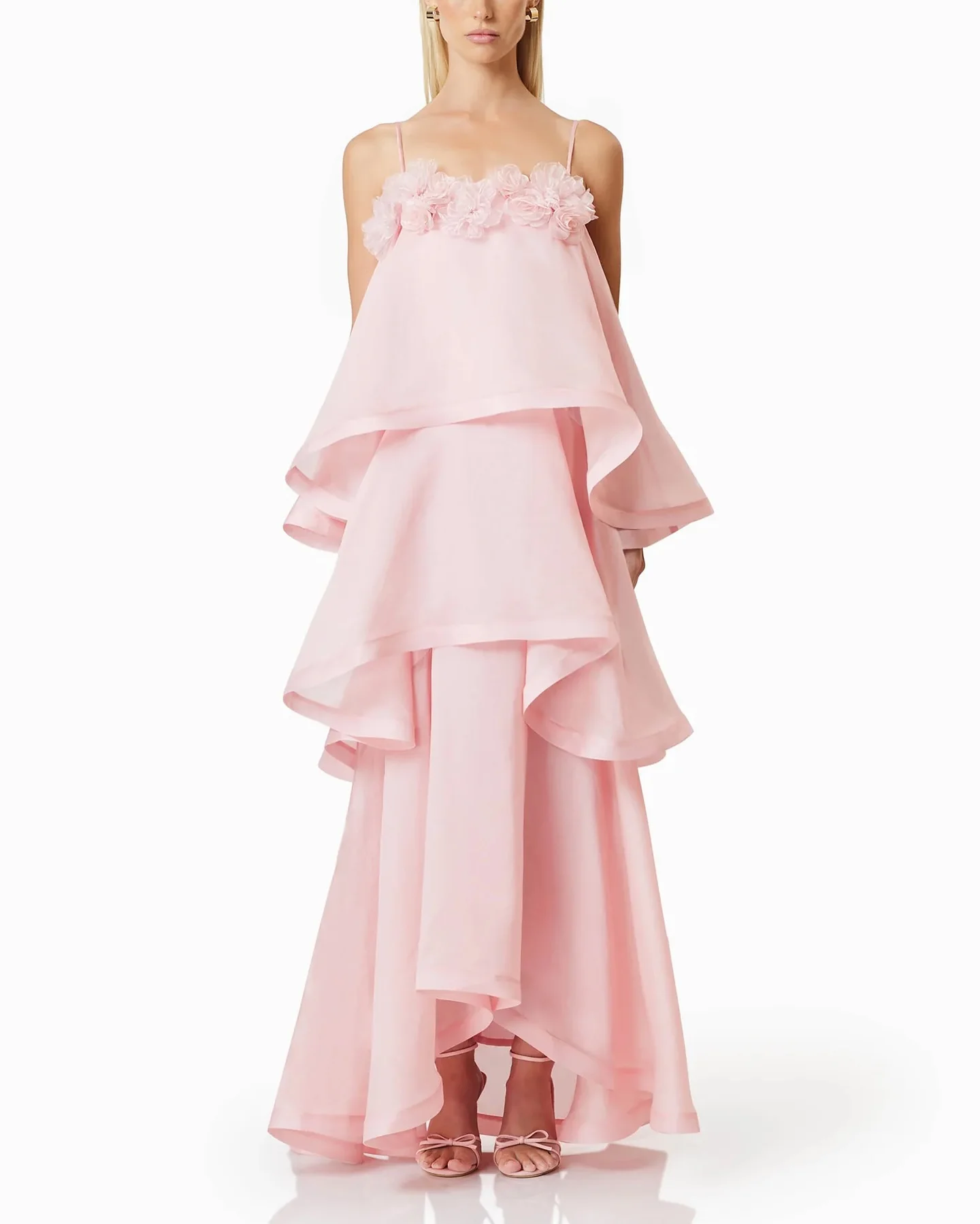 

Customized Sexy Organza A-Line Spaghetti Straps 3D Flowers Tiered Evening Dress New fashion Sleeveless Floor Length prom dresses