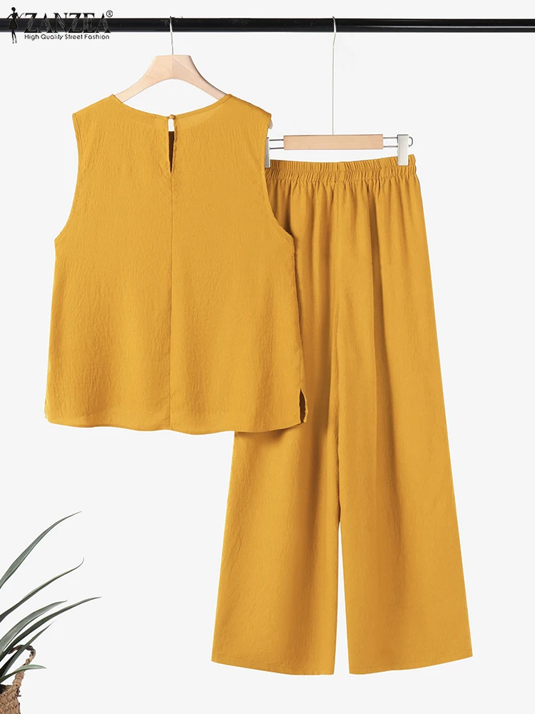 Feminino sólido conjunto de correspondência zanzea moda sem mangas tanque outfit casual solto perna larga calça terno 2025 verão escritório 2 pçs agasalho